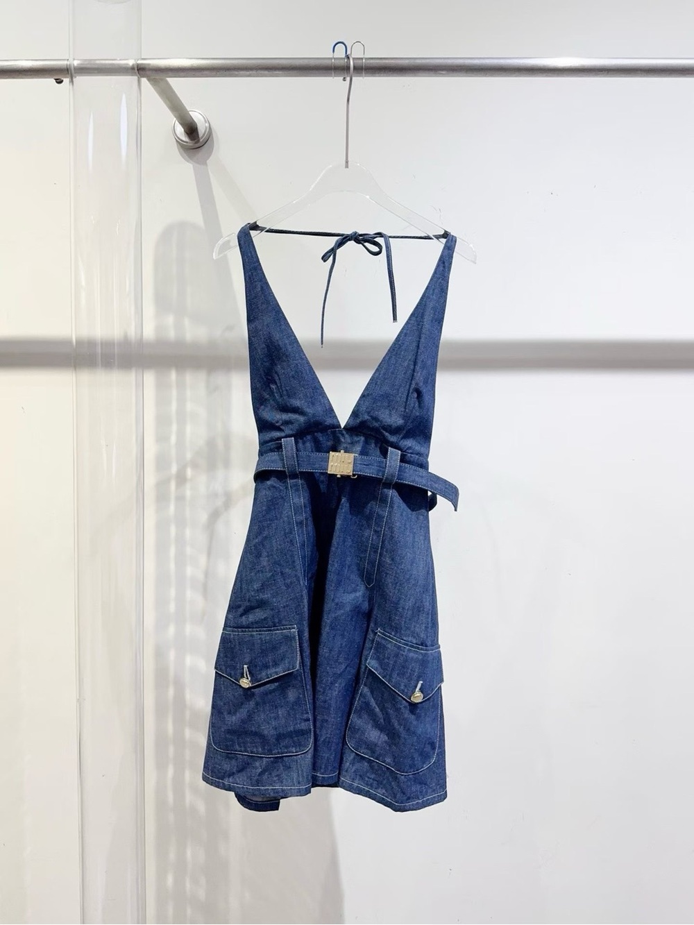 Miu Miu Deep Blue Denim Halter Dress with Belt